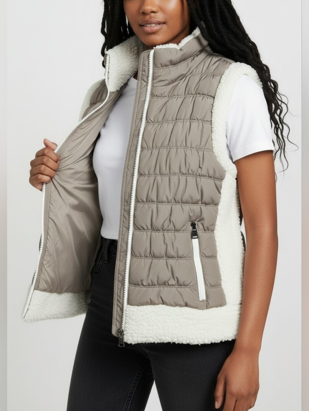 Calvin Klein Performance Womens Taupe Quilted Sherpa Fleece Puffer Vest Medium